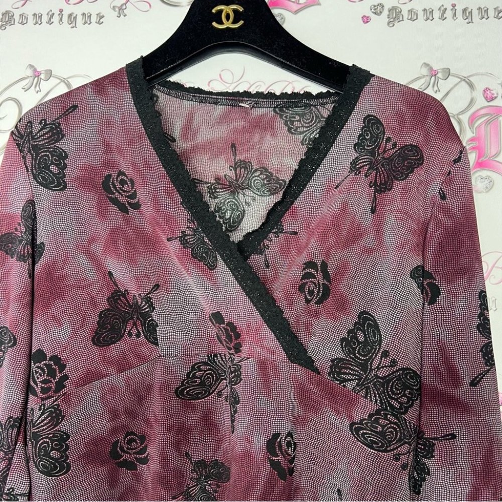 Butterfly roses shirt stretchy y2k lace trim black and red goth punk fairy y2k - Picture 2 of 7